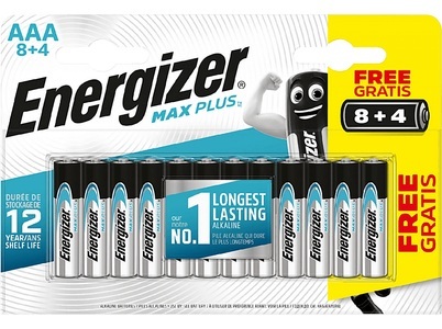 Energizer, Energizer Batterie Max Plus AAA LR03 1200 mAh Alkaline 1,5 V Packung mit 12 Stück, ENERGIZER Max Plus AAA 8 + 4 - Batterie (Silber)