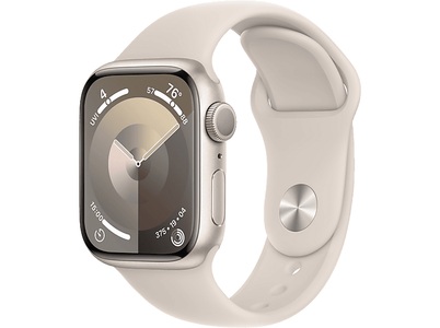 Apple, APPLE Watch Series 9 (GPS, Alu) 41 mm - Smartwatch (M/L 150-200 mm, Fluorelastomer, Polarstern/Polarstern), Apple Watch Series 9, 41mm, Starlight mit Starlight Sport Band - M/L Apple Watch Series 9 ? Polarstern