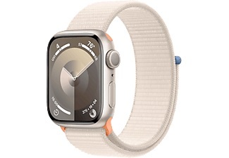 Apple, APPLE Watch Series 9 (GPS, Alu) 41 mm - Smartwatch (Stufenlos verstellbar, Textil (Carbon Neutral), Polarstern/Polarstern), Apple Watch Series 9 GPS 41 mm Aluminiumgehäuse Sport Loop Starlight