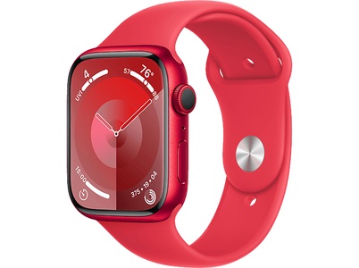 Apple, APPLE Watch Series 9 (GPS, Alu) 45 mm - Smartwatch (S/M 140-190 mm, Fluorelastomer, (PRODUCT)RED/(PRODUCT)RED), Apple Smartwatch »Series 9, GPS, Aluminium-Gehäuse mit Sportarmband«, Watch OS 10, 64 GB,)