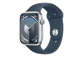 Apple, APPLE Watch Series 9 (GPS, Alu) 45 mm - Smartwatch (S/M 140-190 mm, Fluorelastomer, Silber/Sturmblau), Apple Smartwatch »Series 9, GPS, Aluminium-Gehäuse mit Sportarmband«, Watch OS 10, 64 GB,)