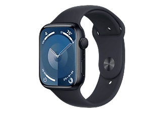 APPLE Watch Series 9 (GPS, Alu) 45 mm - Smartwatch (S/M 140-190 mm, Fluorelastomer, Mitternacht/Mitternacht)