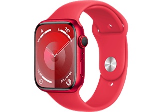 Apple, APPLE Watch Series 9 (GPS + Cellular, Alu) 45 mm - Smartwatch (M/L 160-210 mm, Fluorelastomer, (PRODUCT)RED/(PRODUCT)RED), Apple Smartwatch »Series 9, GPS, Aluminium-Gehäuse mit Sportarmband«, Watch OS 10, 64 GB,)