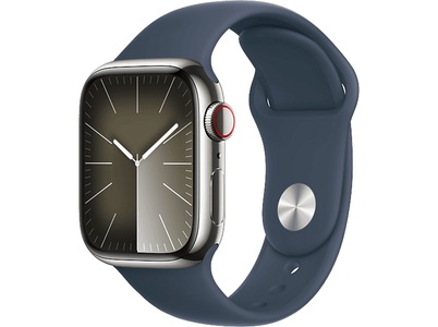 Apple, APPLE Watch Series 9 (GPS + Cellular, Edelstahl) 41 mm - Smartwatch (S/M 130-180 mm, Fluorelastomer, Silber/Sturmblau), Apple Smartwatch »Series 9, GPS + Cellular, Edelstahl-Gehäuse mit Sportarmband«, Watch OS 10, 64 GB,)