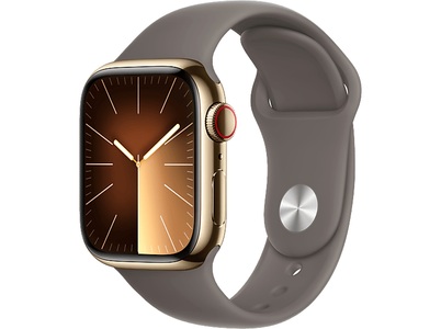 Apple, APPLE Watch Series 9 (GPS + Cellular, Edelstahl) 41 mm - Smartwatch (M/L 150-200 mm, Fluorelastomer, Gold/Tonbraun), Apple Smartwatch »Series 9, GPS + Cellular, Edelstahl-Gehäuse mit Sportarmband«, Watch OS 10, 64 GB,)