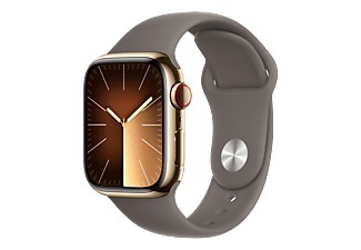 Apple, APPLE Watch Series 9 (GPS + Cellular, Edelstahl) 41 mm - Smartwatch (S/M 130-180 mm, Fluorelastomer, Gold/Tonbraun), Apple Smartwatch »Series 9, GPS + Cellular, Edelstahl-Gehäuse mit Sportarmband«, Watch OS 10, 64 GB,)