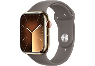 Apple, APPLE Watch Series 9 (GPS + Cellular, Edelstahl) 45 mm - Smartwatch (M/L 160-210 mm, Fluorelastomer, Gold/Tonbraun), Apple Smartwatch »Series 9, GPS + Cellular, Edelstahl-Gehäuse mit Sportarmband«, (Watch OS 10)
