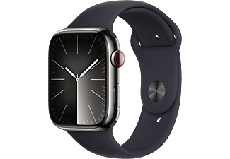 Apple, APPLE Watch Series 9 (GPS + Cellular, Edelstahl) 45 mm - Smartwatch (S/M 140-190 mm, Fluorelastomer, Graphit/Mitternacht), Apple Smartwatch »Series 9, GPS + Cellular, Edelstahl-Gehäuse mit Sportarmband«, Watch OS 10, 64 GB,)