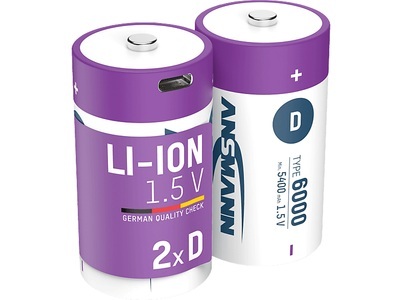 Ansmann, Ansmann Mono D Typ 6000 (min. 5400 mAh) ? 2er Karton Akku Batterie, Ansmann Li-Ion Akku Mono D 2er-Set mit USB-C-Ladebuchse, 1,5 V, 5400 mAh