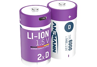 Ansmann, Ansmann Mono D Typ 6000 (min. 5400 mAh) ? 2er Karton Akku Batterie, Ansmann Li-Ion Akku Mono D 2er-Set mit USB-C-Ladebuchse, 1,5 V, 5400 mAh