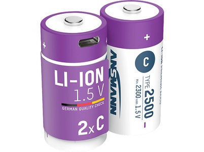 Ansmann, Ansmann Baby C Typ 2500 (min. 2300 mAh) ? 2er Karton Akku Batterie, Ansmann Li-Ion Akku Baby C 2er-Set mit USB-C-Ladebuchse, 1,5 V, 2300 mAh