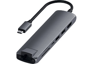 Apple, Satechi - USB C Multiport Adapter Slim Hub mit USB C (PD/60W) / 4K HDMI / 2x USB 3.0 / Gigabit Ethernet / SD & Micro SD Kartenlesegerät (ST-UCSMA3M) - Space Grau, Satechi Slim Multi-Port - Usb-C Adapter (Grau)