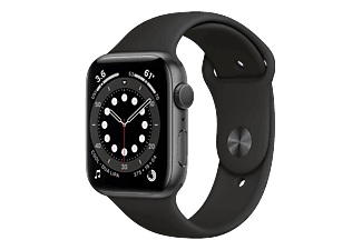 APPLE Watch Series 6 (GPS) 44 mm - Smartwatch (140 - 220 mm, Fluorelastomer, Space Grau/Schwarz)