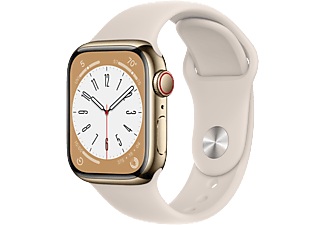 Apple, APPLE Watch Series 8 (GPS + Cellular) 41 mm - Smartwatch (Regular 130 - 200 mm, Fluorelastomer, Gold Stainless Steel/Starlight), 