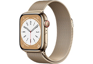 Apple, APPLE Watch Series 8 (GPS + Cellular) 41 mm - Smartwatch (Regular 130 - 200 mm, Edelstahlgeflecht, Silver Stainless Steel/Gold Milanese), 