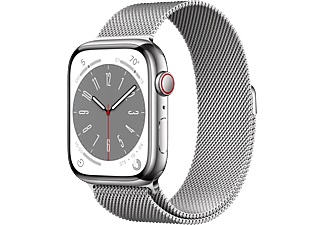 Apple, APPLE Watch Series 8 (GPS + Cellular) 45 mm - Smartwatch (Regular 140 - 220 mm, Edelstahlgeflecht, Silver Stainless Steel/Silver Milanese), Apple Watch Series 8 GPS + Cell 45mm Edelstahlgehäuse Milanese Loop