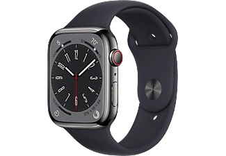 Apple, APPLE Watch Series 8 (GPS + Cellular) 45 mm - Smartwatch (Regular 140 - 220 mm, Fluorelastomer, Graphite Stainless Steel/Midnight), Apple Watch Series 8 GPS + Cell 41mm Edelstahlgehäuse Sport Band