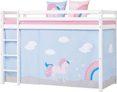 Hoppekids, Hoppekids Hochbett »Einhorn«, inkl. Vorhang-Set, Matratze und Rollrost, Hoppekids Hochbett »«Einhorn»«, Massiv m. Vorhang umbaubar in Einzelbett