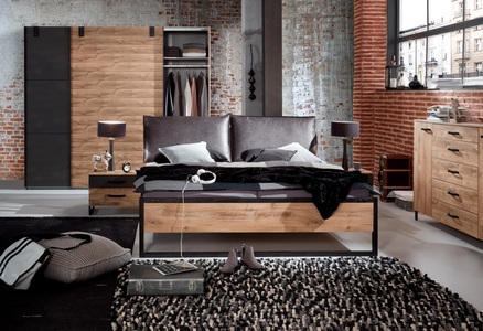 fresh to go, home24 Bettgestell Detroit, MID.YOU Futonbett in graphit/ 180/200 cm in graphitfarben, eichefarben , Eichefarbe ca. 180x200 cm , Holzwerkstoff , 180 cm , Dekorfolie,Nachbildung , gepolstertes Kopfteil , 001787052313