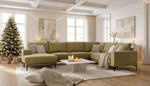PLACES OF STYLE, Places of Style Wohnlandschaft »XXL Sofa Oland, Struktur, Flachgewebe, Luxus-Microfaser, Boucle«, U-Form, 342 cm, Wellenunterfederung, Skandi-Design, Metallfüsse, GOODproduct Wohnlandschaft »OLAND U-Form, XXL, B: 342 cm, Skandi-Design« Skandi-Design in Struktur, Flachgewebe, Luxus-Microfaser, Boucle