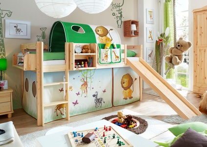TICAA, Ticaa Hochbett »Manuel« mit Rolllattenrost und Textil-Set, Ticaa Hochbett »Manuel«, Rollrost und Textil-Set wahlweise mit Matratze, Kiefer massiv natur