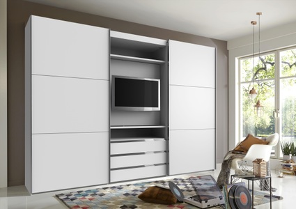 fresh to go, Fresh To Go Schwebetürenschrank »Magic«, mit drehbaren TV-Element, Livetastic Schwebetürenschrank in weiss , Magic , Metall , 2 Fächer , 3 Schubladen , 300x216x65 cm , matt, Dekorfolie,Nachbildung , 001787056201