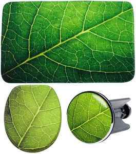 Sanilo, Sanilo Badaccessoires-Sets »Blatt«, (Komplett-Set, 3 tlg.), bestehend aus WC-Sitz, Badteppich und Waschbeckenstöpsel, Sanilo Badaccessoire-Set »Blatt«, (Komplett-Set, 3 tlg.), bestehend aus WC-Sitz, Badteppich und Waschbeckenstöpsel