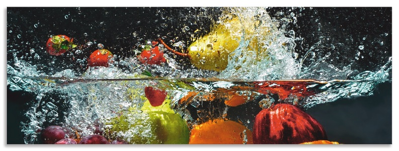 Artland, Artland Küchenrückwand »Spritzendes Obst auf dem Wasser«, Artland Küchenrückwand »Spritzendes Obst auf dem Wasser«, (1 tlg.), Alu Spritzschutz mit Klebeband, einfache Montage