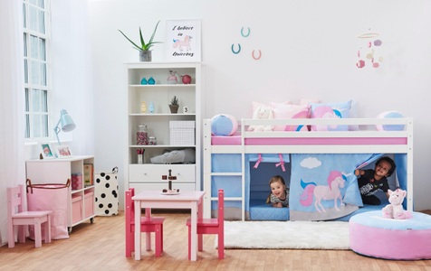 Hoppekids, Hoppekids Hochbett »Einhorn«, inkl. Vorhang-Set, Matratze und Rollrost, Hoppekids Hochbett »«Einhorn»«, mit Vorhang & Matratze 2 Grössen umbaubar