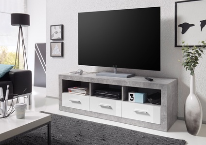 mooved, home24 TV-Lowboard Rognan, HBZ Lowboard »Stone weiss Hochglanz, TV Möbel bis 55 Zoll, BxHxT 147x49x45 cm«, (1 St.), Mit 3 offenen Fächer, 3 Schubkästen, 1 Kabeldurchführung