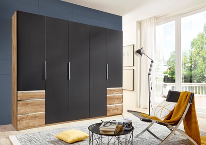 fresh to go, Fresh To Go Kleiderschrank »Level«, MID.YOU Drehtürenschrank in graphitfarben, eichefarben , Level 36A 250Cm Graphit/Eiche , Metall, Kunststoff , 3 Fächer , 6 Schubladen , 250x216x58 cm , Dekorfolie,Nachbildung , 001787048705