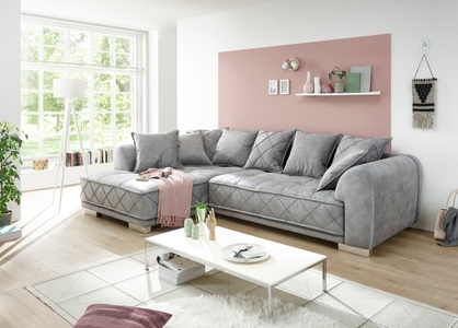 home24, home24 Ecksofa Upland, MID.YOU Ecksofa in mikrovelours grau , Sentina , Textil , 319x194 cm , Mikrovelours,Mikrofaser , Rücken echt , 002220007702