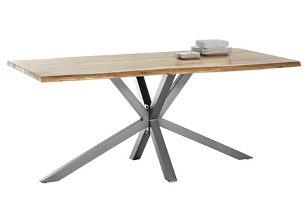 SIT, Esstisch, Massivholztisch 180x90 - Akazie natur - Metall silber - mit Baumkante