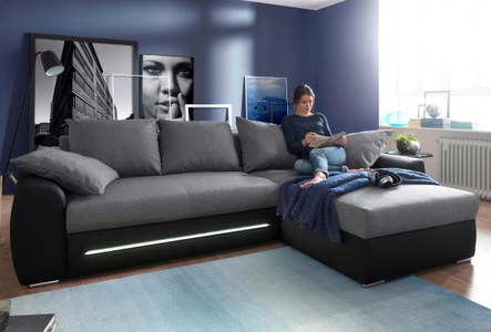 Jockenhöfer Gruppe, Jockenhöfer Gruppe Ecksofa, inklusive LED-Beleuchtung, mit Bettfunktion und Bettkasten, Recamiere links oder rechts montierbar, inklusive loser Kissen, frei im Raum stellbar, Jockenhöfer Gruppe Ecksofa Basel, inklusive LED-Beleuchtung, mit Bettfunktion und Bettkasten