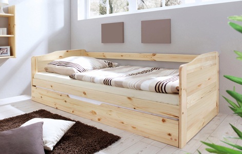 TICAA, Ticaa Funktionsbett »Melinda«, Kiefer, Ticaa Funktionsbett »Melinda, Daybett, Jugendbett, 2 Schlafplätze, Schublade auf Rollen«, (90x200cm), FSC®-zertifizierte Kiefer, 2 Rollroste, Massivholz