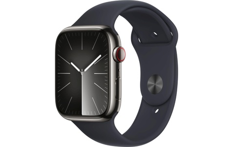 Apple, APPLE Watch Series 9 (GPS + Cellular, Edelstahl) 45 mm - Smartwatch (S/M 140-190 mm, Fluorelastomer, Graphit/Mitternacht), Apple Smartwatch »Series 9, GPS + Cellular, Edelstahl-Gehäuse mit Sportarmband«, Watch OS 10, 64 GB,)
