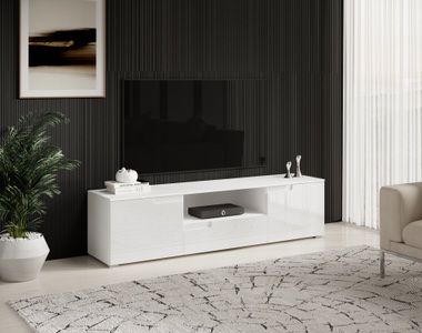 Fredriks, home24 TV-Lowboard Larado, HBZ Lowboard »Spice weiss Hochglanz, TV Schrank bis 65 Zoll, BxHxT 165x42x40 cm«, (1 St.), Mit 2 Türen, 1 Schubkasten, 1 Kabeldurchführung, 1 offenes Fach