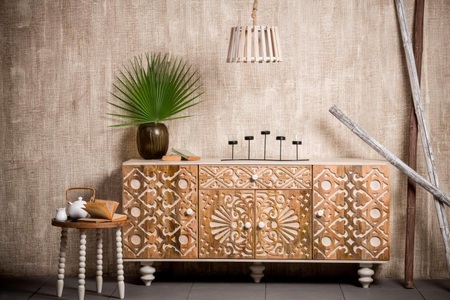 HOME AFFAIRE, Home affaire Sideboard »Spring«, aus massivem Mangoholz mit dekorativen Schnitzereien, Breite 160 cm, Home affaire Sideboard »Spring«, Kommode aus massivem Mangoholz, Breite 160 cm