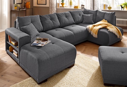 HOME AFFAIRE, Home affaire Wohnlandschaft »Viborg«, mit Regal in der Armlehne, wahlweise mit Bettfunktion, Home affaire Wohnlandschaft »Viborg U-Form«, mit Regal in der Armlehne, wahlweise mit Bettfunktion
