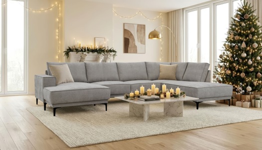 PLACES OF STYLE, Places of Style Wohnlandschaft »XXL Sofa Oland, Struktur, Flachgewebe, Luxus-Microfaser, Boucle«, U-Form, 345 cm, Wellenunterfederung, Skandi-Design, Metallfüsse, GOODproduct Wohnlandschaft »XXL Sofa Oland, Struktur, Flachgewebe, Luxus-Microfaser, Boucle« U-Form, 345 cm, Wellenunterfederung, Skandi-Design, Metallfüsse