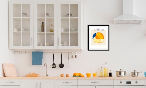 QUEENCE, queence Bild »Santorini«, (1 St.), gerahmt, queence Bild »Santorini«, Obst-Obst Bilder-Kunst-Abstrakt-Essen-Lebensmittel-Figuren, (1 St.), HD Premium Poster-Druck inkl. Holzrahmen