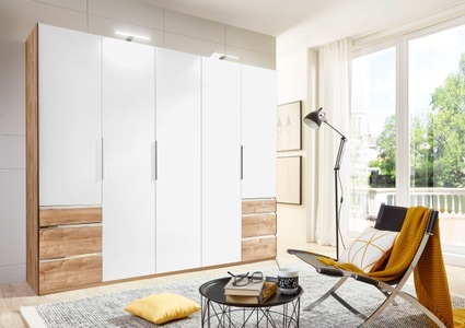 fresh to go, home24 Drehtuerenschrank Level 36A, MID.YOU Drehtürenschrank in weiss, eichefarben , Level 36A 250Cm Weiss/Eiche , Metall, Kunststoff , 3 Fächer , 6 Schubladen , 250x216x58 cm , Dekorfolie,Nachbildung , 001787048704