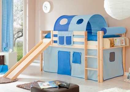 TICAA, Ticaa Hochbett »Manuel« mit Rolllattenrost und Textil-Set, Ticaa Hochbett »Manuel« Rollrost und Textil-Set wahlweise mit Matratze, Kiefer massiv natur