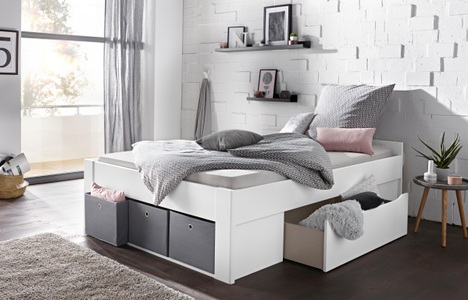 Rauch, home24 Bett Scala II, Rauch Möbel Stauraumbett 140/200 cm in grau, weiss , Scala , Holzwerkstoff , 140 cm , bedruckt,Nachbildung , mit Schubkästen , 000380107801