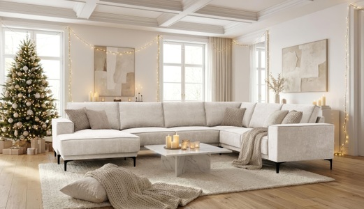PLACES OF STYLE, Places of Style Wohnlandschaft »XXL Sofa Oland, Struktur, Flachgewebe, Luxus-Microfaser, Boucle«, U-Form, 342 cm, Wellenunterfederung, Skandi-Design, Metallfüsse, GOODproduct Wohnlandschaft »OLAND U-Form, XXL, B: 342 cm, Skandi-Design« Skandi-Design in Struktur, Flachgewebe, Luxus-Microfaser, Boucle
