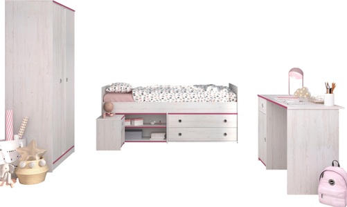 Parisot Jugendzimmer-Set »Smoozy«, (4 tlg., Stauraumbett,Nachttisch, Kleiderschrank und Schreibtisch)