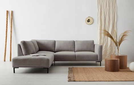 GOODproduct, GOODproduct Ecksofa »Fillin«, Struktur-Bezug hergestellt aus recycelten PET-Flaschen, mit losen Rückenkissen und Metallbeinen, GOODproduct Ecksofa »Fillin, L-Form,«, Struktur hergestellt aus recycelten PET-Flaschen und im Leinen-Mix