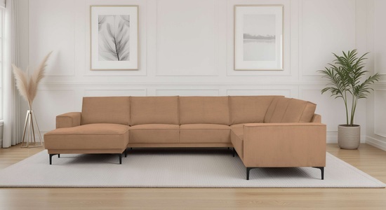 PLACES OF STYLE, PLACES OF STYLE Wohnlandschaft »XXL Sofa Oland, Struktur, Flachgewebe, Luxus-Microfaser, Boucle« U-Form, 342 cm, Wellenunterfederung, Skandi-Design, Metallfüsse, GOODproduct Wohnlandschaft »OLAND U-Form, XXL, B: 342 cm, Skandi-Design« Skandi-Design in Struktur, Flachgewebe, Luxus-Microfaser, Boucle