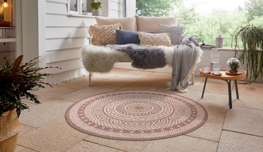 LEONIQUE, Leonique Teppich »Sia«, rund, 3 mm Höhe, In-und Outdoor geeignet, Mandala, Rund, Wohnzimmer, Balkon, Terrasse, Garten, Pflegeleicht, Flachgewebe, Leonique Teppich »Sia«, rund, 3 mm Höhe, Mandala Teppich, Boho, Wetterfest & UV-beständig, besonders flach