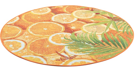Sansibar, Sansibar Teppich »Rantum Beach 001«, rund, 5 mm Höhe, Flachgewebe, modernes Sommer Design, Motiv Orangenscheiben und Palmenblätter, In- & Outdoor geeignet, Wohnzimmer, Sansibar Teppich »Rantum Beach 001«, rund, 5 mm Höhe, Flachgewebe, modernes Sommer Design, In- und Outdoor geeignet